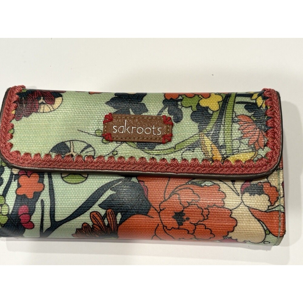 Sakroots Peace Print Vegan Leather Trifold Wallet Crochet Trim Multicolored